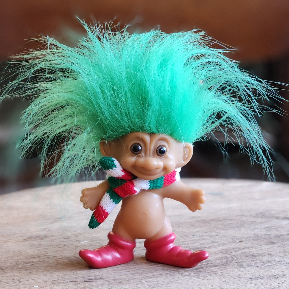 Vintage 1980s Russ Xmas Elf Troll Doll w/ Green Hair and Red Boots Stripe Scarf